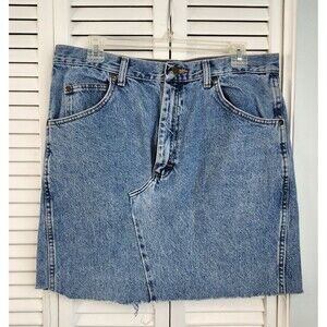 Upcycled Y2K Wrangler Mini Skirt size 34 "x 17.5" Reworked Jeans Raw Hem Grunge